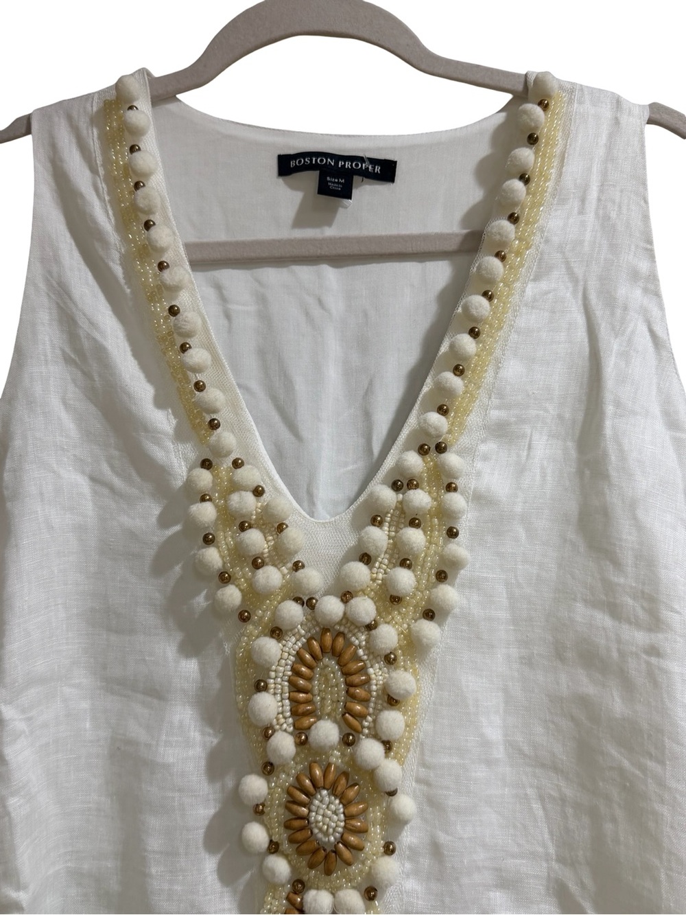 ✨ Boston Proper Linen White Shift Dress Yellow Gold Beaded Detail Size Medium - Picture 7 of 13
